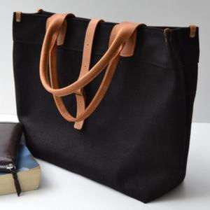 Black linen handbag with leather